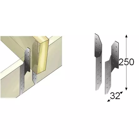 Palkkikenk=C3=A4 oikea kuumasinkintty 250 x 32 x 2,0 mm - Naulauslevyt ja kulmaraudat - 4741280721051 - 2