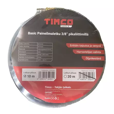 Timco Basic 3/8" 10m paineilmaletku pikaliittimillä - Paineilmaletkut ja liittimet - 6438014342801 - 2