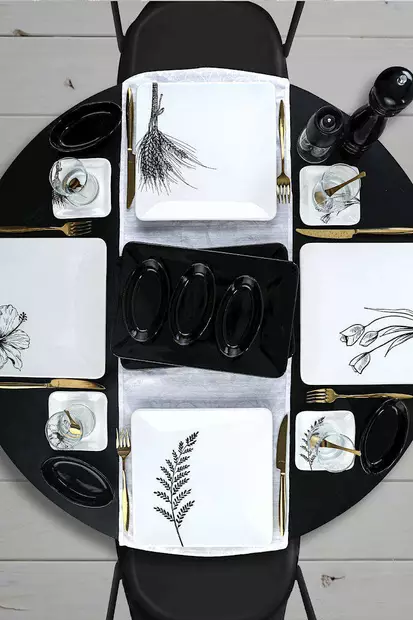 Aamiainen Setti 20-osainen - Musta Valkoinen 100% Keraaminen - Antibakteerinen - Helppo Puhdistus - Lämpöshokkikestävä - Tarjoiluastiat - 8683342866231 - 1