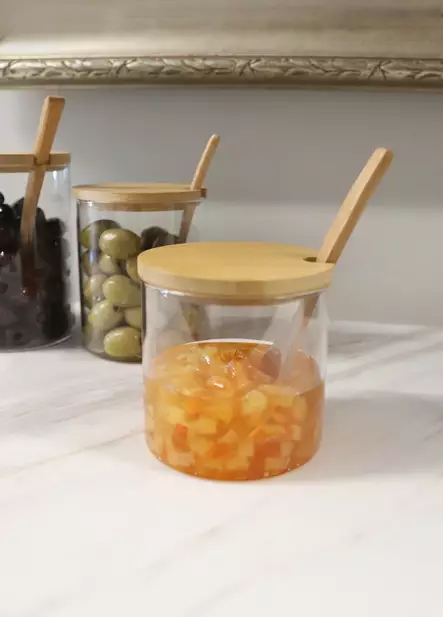 Lasiastia 350 ml: Tyylikäs ja Kestävä Säilytysratkaisu Bambukannella - 9x9x9 cm, 100% Lasi, Ei Astianpesukoneeseen - Päivittäiskeittiötarvikkeet - 8684282427001 - 2