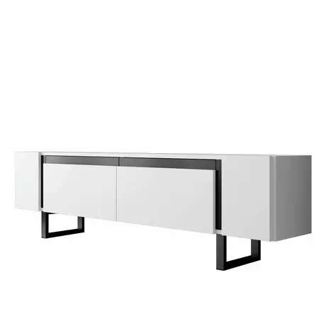 TV-taso, 180x50x30 cm, valkoinen/musta, 100% melamiinipinnoitettu lastulevy, metallijalat, moderni ja tyylikäs design - TV-tasot - 8684283557271 - 1