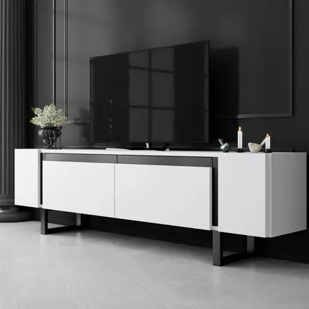 TV-taso, 180x50x30 cm, valkoinen/musta, 100% melamiinipinnoitettu lastulevy, metallijalat, moderni ja tyylikäs design - TV-tasot - 8684283557271 - 2