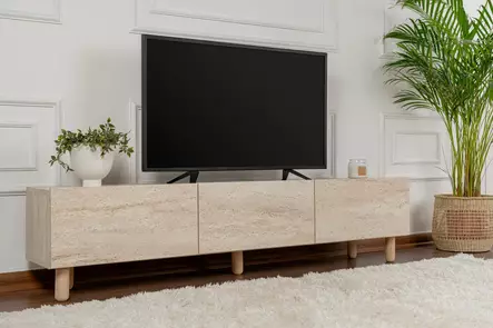 TV-taso Travertiini 180x42x31,4 cm - 100% Melamiinipinnoitettu Lastulevy, Puiset Jalat, Tyylikäs ja Kestävä - TV-tasot - 8684283431281 - 2