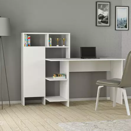 Tyylikäs Valkoinen Opiskelupöytä - 100% Melamiinipinnoitettu Lastulevy, 18mm, 135,9x111,8x60cm, Useita Hyllyjä, Seinään Kiinnitettävä - Työpöydät - 8682870110281 - 2
