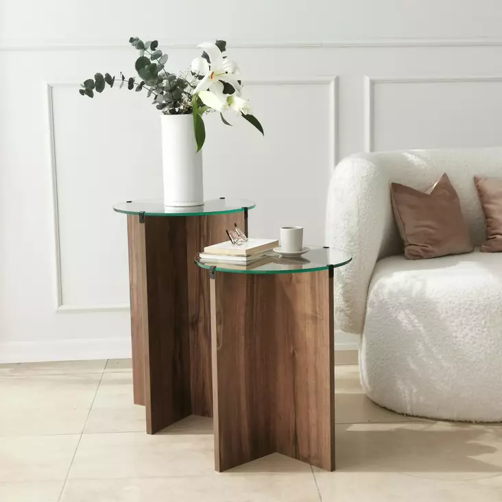 Walnut Värinen 2-osainen Pesäpöytäsetti - 100% Karkaistu Lasi, Melamiinipinnoitettu Runkolevy, Korkeus 45/50 cm - Pöydät - 8683342979191 - 1