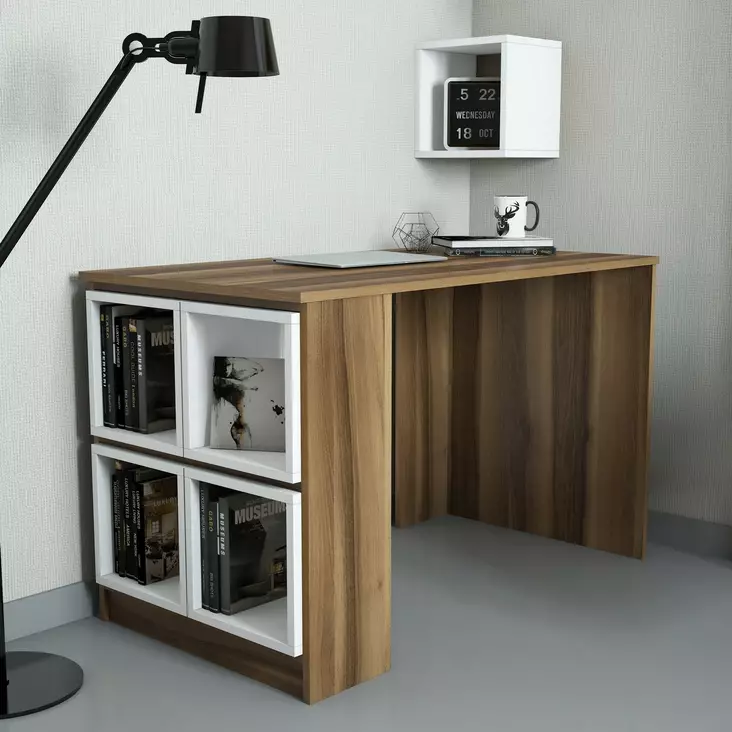 Moderni Opiskelupöytä - 120x75x65 cm - Pähkinä Valkoinen - 100% Melamiinipinnoitettu - Useita Hyllyjä - Kiinnitettävä Seinä - Työpöydät - 8681875184181 - 1
