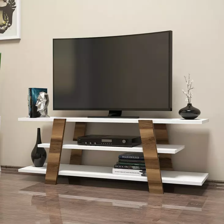 Moderni TV-taso, Pähkinä Valkoinen, 120x42x33,6 cm, 100% Melamiinipinnoitettu, Useita Hyllyjä, Seinään Kiinnitettävä - TV-tasot - 8681875184631 - 1