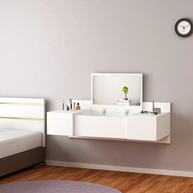 Meikkipöytä, valkoinen, 100 cm leveä, kestävä, tilaa säästävä - Meikkipöydät - 8681875796261 - 1