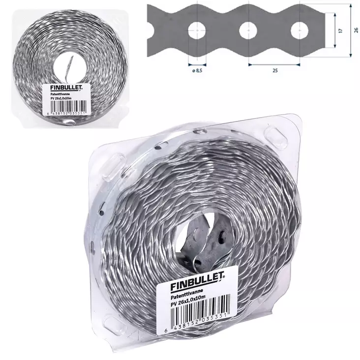 Patenttivanne 26 mm x 1 mm x 10 m - Naulauslevyt ja kulmaraudat - 6438152035351 - 1