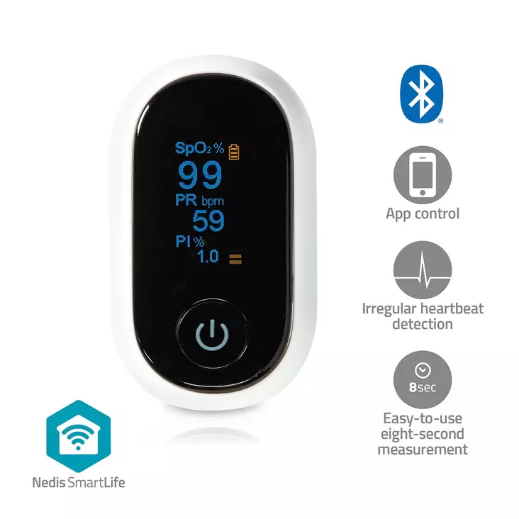 SmartLife Pulssioksimetri | Bluetooth® | LED | Auditiivinen hälytys / Happikyllästeisyys (SpO2) / Korkean tarkkuuden anturi / Liikkumisen estävät häiriöt / Perfuusioindeksi / Pulssi | Valkoinen - Arjen apuvälineet - 5412810418381 - 1