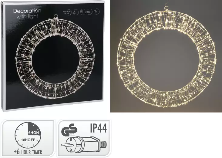 Valovoimainen 50cm led-valokranssi 720 lämpimän valkoista valoa, ajastin ja ip44-suojaus - Valokoristeet ja valohahmot - 8720573337281 - 1
