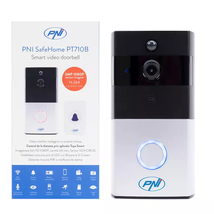 Älykäs videopuhelin PNI SafeHome PT710B WiFi HD, P2P, akku ja 36 kappaleen soittoääni sisältyvät hintaan, erillinen PNI Smart- tai Tuya-sovellus - PNI tuotteet - 5949066519321 - 1