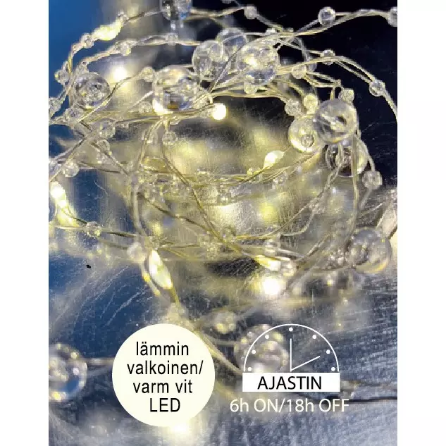 Helmi Led-valosarja 40 LED lämmin valkoinen hopea - Paristokäyttöinen helmilankavalosarja ajastimella (3,9 m) - Koristevalot - 6438159389631 - 1