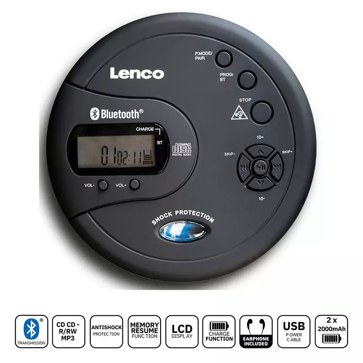 Kannettava Bluetooth® CD-MP3-soitin, jossa on lukkiutumisenesto Musta - CD/DVD-soittimet - 8711902044161 - 1