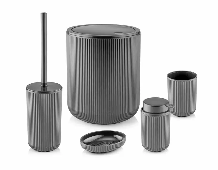 Kylpyhuonesetti 5-osainen, Anthracite, 100% Muovi, Saippua-annostelija, Saippuateline, Hammasharjateline, WC-harja, Roskakori - Kylpyhuonetarvikkeet - 8684283711581 - 1