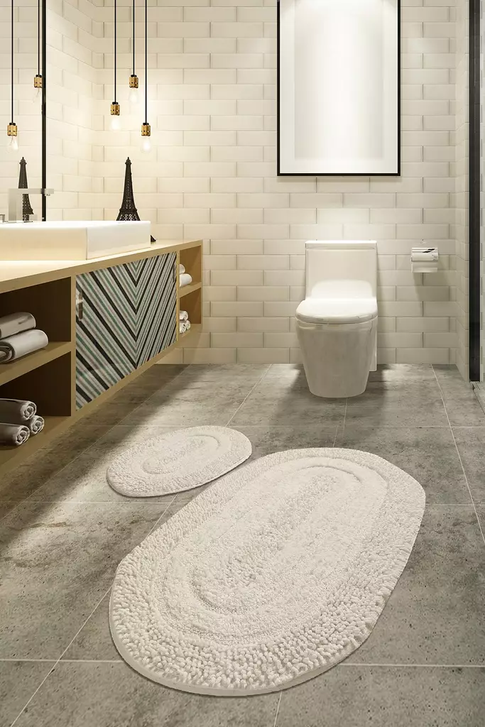 Luxus Kylpyhuonemattosetti (2 kpl), ecru, 50 x 60 cm ja 60 x 100 cm, antibakteerinen, liukumaton - Kylpyhuonematot ja kosteantilan matot - 8681875010411 - 1