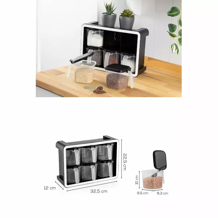 Maustepurkkisetti (7 osaa), antrasiitti, 32,5 x 12 x 22,5 cm, kestävä, BPA-vapaa - Päivittäiskeittiötarvikkeet - 8684283501311 - 1