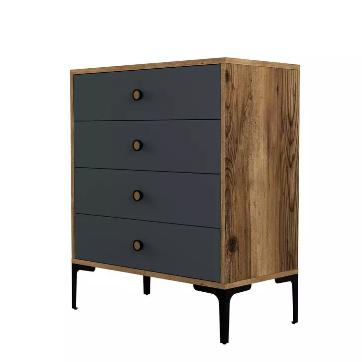 Moderni ja Teollinen Lipasto - 4 Vetolaatikkoa, Pähkinä-Antrasiitti, 100% Melamiinipinnoitettu, 76x90,7x40 cm - Lipastot ja senkit - 8683743327331 - 1