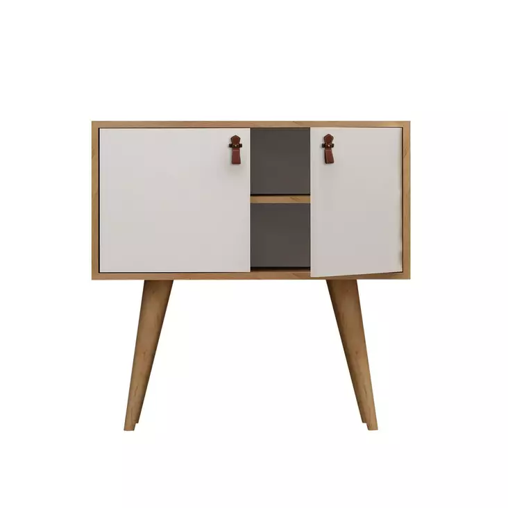 Moderni Konsoli - Tammi Valkoinen - 100% Melamiinipinnoitettu - 80x80x40 cm - PU Nahkakahva - Puujalat - Lipastot ja senkit - 8681875207491 - 1