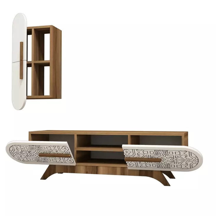 Moderni TV-taso, 145x37x35 cm, Pähkinä Valkoinen, 100% Melamiinipinnoitettu, Seinään Kiinnitettävä, Useita Hyllyjä - TV-tasot - 8681875184471 - 1