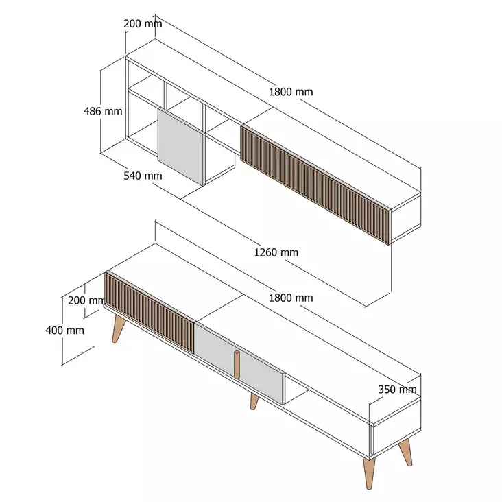 Moderni TV-taso ja seinähylly, 180 cm, pähkinä/valkoinen, 100% melamiinipinnoitettu, 18 mm, muovijalat, 3 pakettia - TV-tasot - 8683742130581 - 1