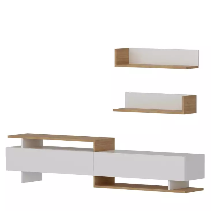Moderni TV-taso Valkoinen Teak 180x40x37,4 cm - 100% Melamiinipinnoitettu Hiukkaslevy, Useita Hyllyjä, Seinään Kiinnitettävä - TV-tasot - 8681181979631 - 1