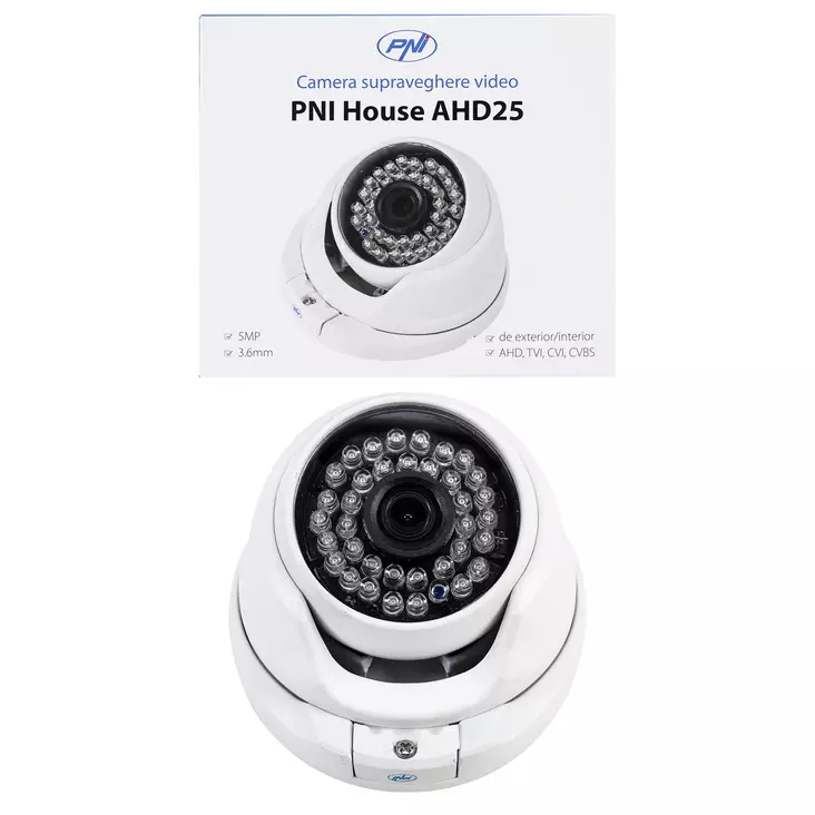 PNI House AHD25 5MP videovalvontakamera, kupoli, 3,6 mm linssi, 36 IR LEDiä, ulkona tai sisällä, IP66 - PNI tuotteet - 5949066526411 - 1