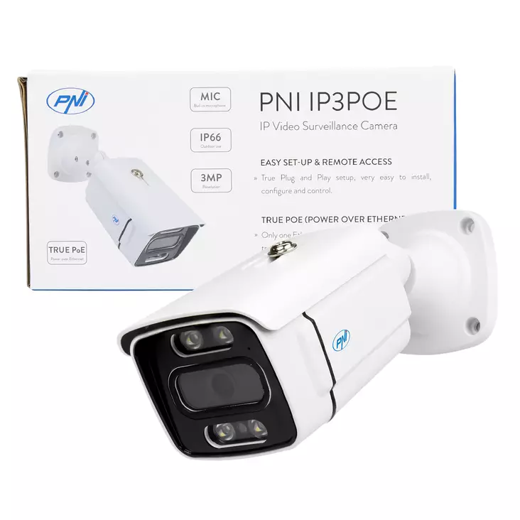 PNI IP3POE videovalvontakamera IP, 3MP, ulkokäyttöön IP66, sisäänrakennettu mikrofoni, yhteensopiva POE valvontajärjestelmän kanssa PNI House IPMAX POE 3 ja PNI House IPMAX POE 3LR - PNI tuotteet - 5949066525421 - 1