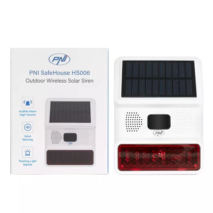 PNI SafeHouse HS006 langaton ulkosireeni aurinkolatauksella tai USB-C-portin kautta, 1000mAh akku, 100dB - PNI tuotteet - 5949066543791 - 1