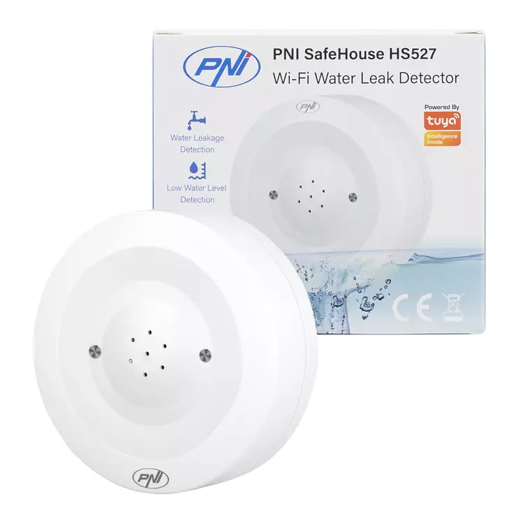 PNI SafeHouse HS527 tulva-anturin ilmaisin Wi-Fi:llä, 80 dB:n äänihälytyksellä, sisäänrakennetulla kaiuttimella, tulvien ja tippumisen havaitsemiseen, yhteensopiva PNI Smart- tai Tuya-sovelluksen kans - PNI tuotteet - 5949066538971 - 1