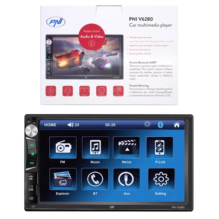 PNI V6280 automultimediasoitin kosketusnäytöllä, Bluetooth-toiminto, Mirror Link Android / iOS USB-toiminto, micro SD -paikka, AUX-tulo, 2 DIN, peruutuskameran sisääntulo - PNI tuotteet - 5949066524981 - 1