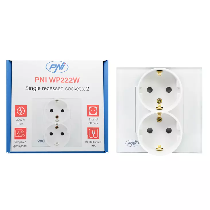 PNI WP222W yksinkertainen x2 sisäänrakennettu pistorasia valkoisella lasikehyksellä - PNI tuotteet - 5949066530241 - 1