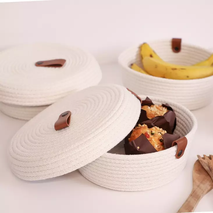 Puuvillakorisetti (3 osaa), ecru, 20 x 20 x 9 cm, käsintehty, monikäyttöinen - Säilytyslaatikot ja korit - 8683742916581 - 1