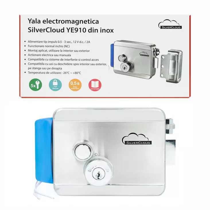 SilverCloud YE910 sähkömagneettinen säde, 12V, valmistettu ruostumattomasta teräksestä, kaksoisnapalla ja painikkeella, Fail Secure NC yhteensopiva kulunvalvontajärjestelmien kanssa - PNI tuotteet - 5949066501821 - 1