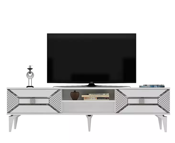 TV-taso, valkoinen/hopea, 100% melamiinipinnoitettu, 150x50x30 cm, 18 mm, 1 paketti, helppo koota ja puhdistaa - TV-tasot - 8683742469391 - 1