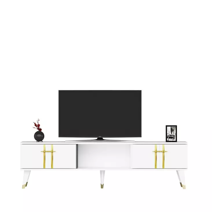 TV-taso, Valkoinen Kulta, 100% Melamiinipinnoitettu Lastulevy, 18mm, 150x44,6x29,6cm, Ylellinen ja Tyylikäs Design - TV-tasot - 8684282612131 - 1