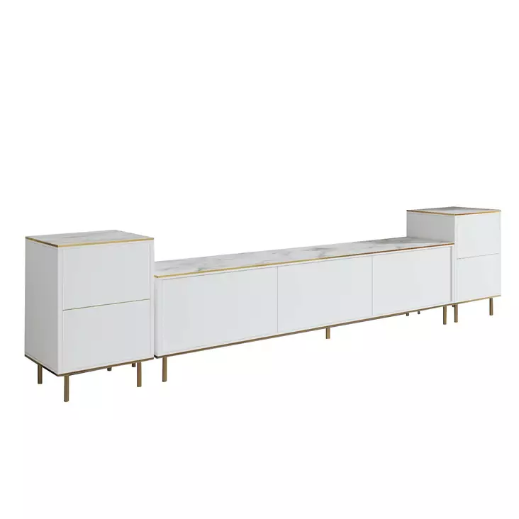 TV-taso Valkoinen Marmori Kulta, 100% Melamiinipinnoitettu Lastulevy, 18mm, 180x45,2x35cm, Kiinnitettävä Seinäasennus - TV-tasot - 8684282548461 - 1