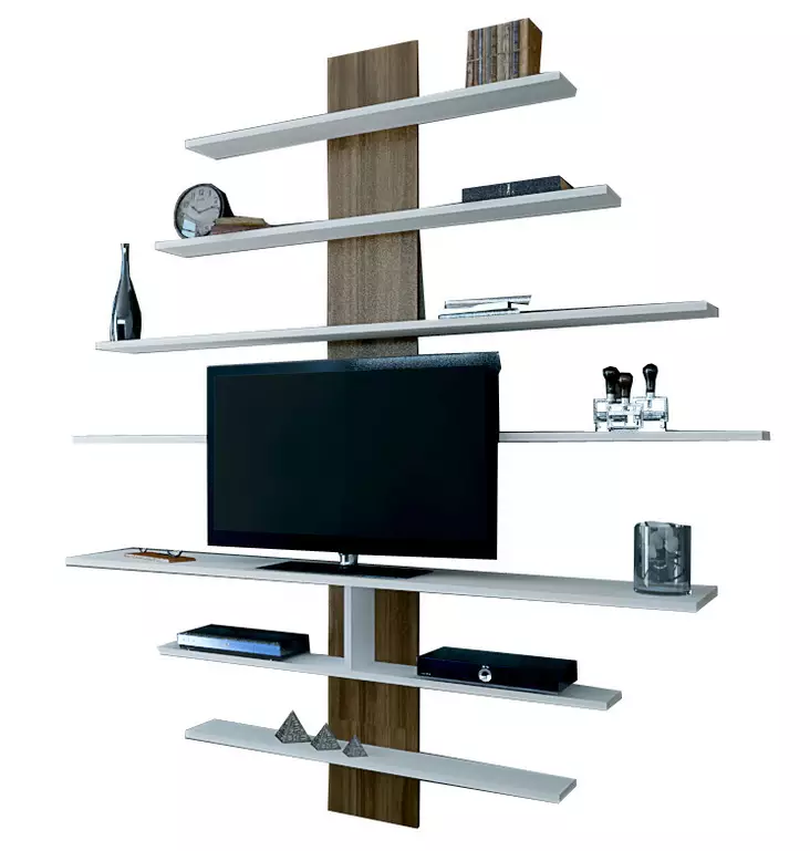 TV-taso, Valkoinen Pähkinä, 100% Melamiinipinnoitettu Lastulevy, 18 mm, 160x160x30 cm, Useita Hyllyjä, Seinään Kiinnitettävä - TV-tasot - 8681181613221 - 1