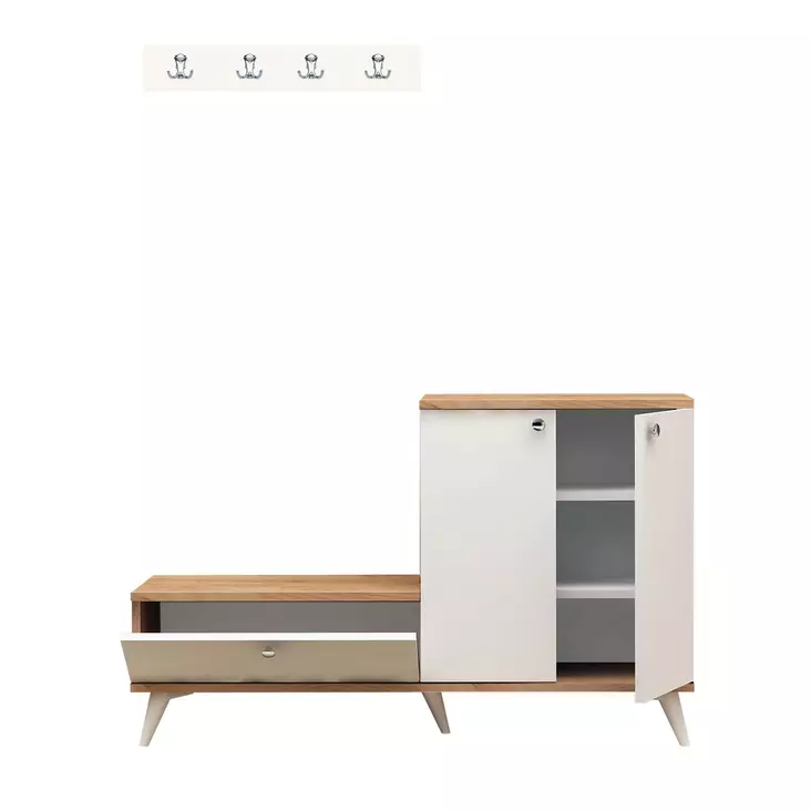Tyylikäs ja Toiminnallinen Hall Stand - Tammi Valkoinen, 100% Melamiinipinnoitettu, 18 mm, Kengät ja Takit - Eteiskaapit - 8681875207521 - 1