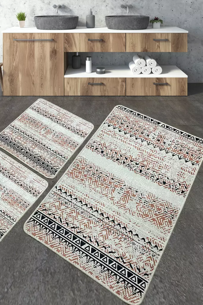 Ylellinen 3-osainen Kylpyhuonemattosetti - Antibakteerinen, Liukumaton, 100% Polyesteri, Konepestävä, 60x100 cm, 50x60 cm - Kylpyhuonematot ja kosteantilan matot - 8683342801621 - 1