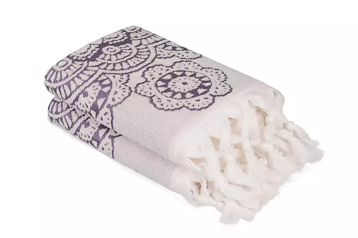 Ylellinen Käsipyyhesetti 2 kpl - 100% Puuvillaa, Ecru-Purppura, 50x90 cm, 550 gr/m², Kylpyhuoneen Eleganssia - Pyyhkeet ja kylpytakit - 8681875175981 - 1
