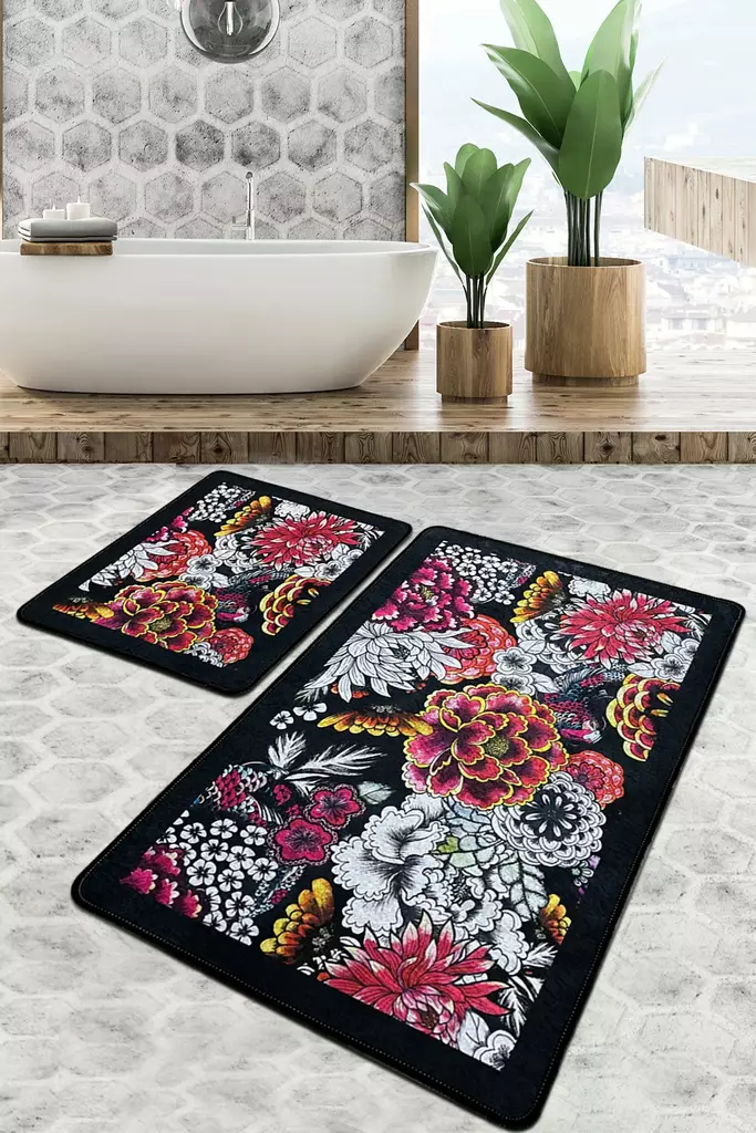 Ylellinen Kylpyhuonemattosetti 2-osainen - Monivärinen, 100% Polyesteri, Antibakteerinen, Liukumaton, 60x100cm & 50x60cm - Kylpyhuonematot ja kosteantilan matot - 8683342396431 - 1