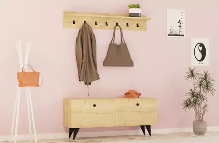 Tammensävyinen Monikäyttöinen Eteisteline - 100% Melamiinipinnoitettu - 113x48,5x35 cm - Lisähylly ja Ripustusteline - Huonekalut - 8683342460712 - 1