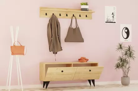 Tammensävyinen Monikäyttöinen Eteisteline - 100% Melamiinipinnoitettu - 113x48,5x35 cm - Lisähylly ja Ripustusteline - Huonekalut - 8683342460712 - 2