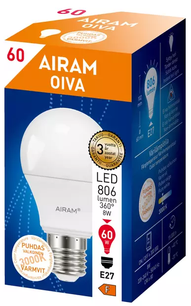 Vakiokupulamppu Led E27 kanta 5,5W Airam myyntipakkaus - Lamput ja loisteputket - 6435200203472 - 2