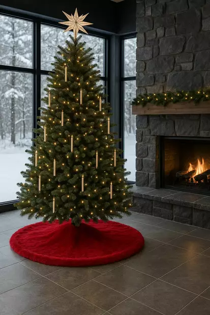 Joulukuusen Matto 150x150 cm, Punainen, 100% Polyesteri, Sisältää 8 Nauhaa, Konepestävä 20 °C, Tyylikäs Sisustusratkaisu - Joulukoristeet ja -tekstiilit - 8684283712922 - 1