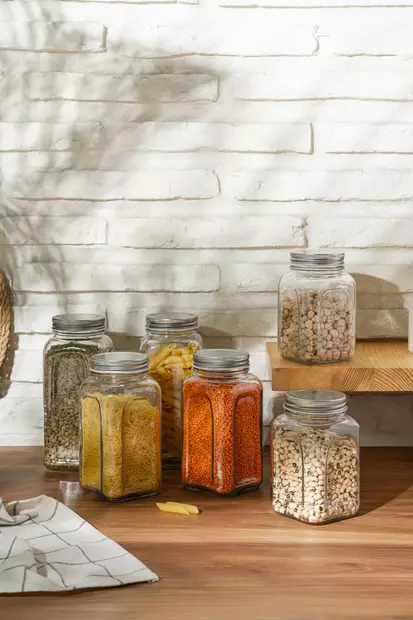 Keittiötarvikkeet: 6-osainen lasipurkkisetti, hopea, 100% lasia, ilmatiiviit kannet, 660 ml, 820 ml, 980 ml, konepesun kestävä - Päivittäiskeittiötarvikkeet - 8684283450282 - 2