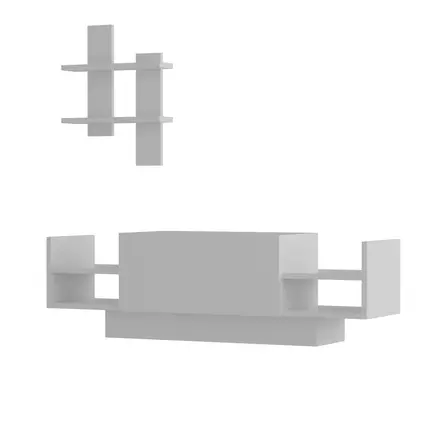 Valkoinen TV-taso 120x36x31,5 cm - 100% Melamiinipinnoitettu Lastulevy, Useita Hyllyjä, Seinään Kiinnitettävä - TV-tasot - 8681181979662 - 1