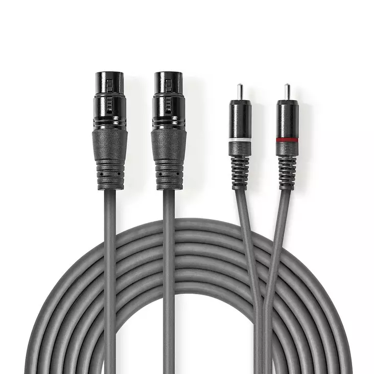 Balansoitu Audiojohto | 2x XLR 3-Pin naaras | 2x RCA uros | Niklattu | 3.00 m | Pyöreä | PVC | Tummanharmaa | Pahvikotelo - Audiokaapelit - 5412810295852 - 1