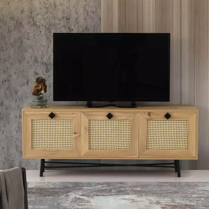 TV-taso, Huonekalut, Tammi Musta, 100% Melamiinipinnoitettu Lastulevy, 18mm, 140x55x40cm, Useita Hyllyjä, Seinäkiinnitys - TV-tasot - 8682870168602 - 1